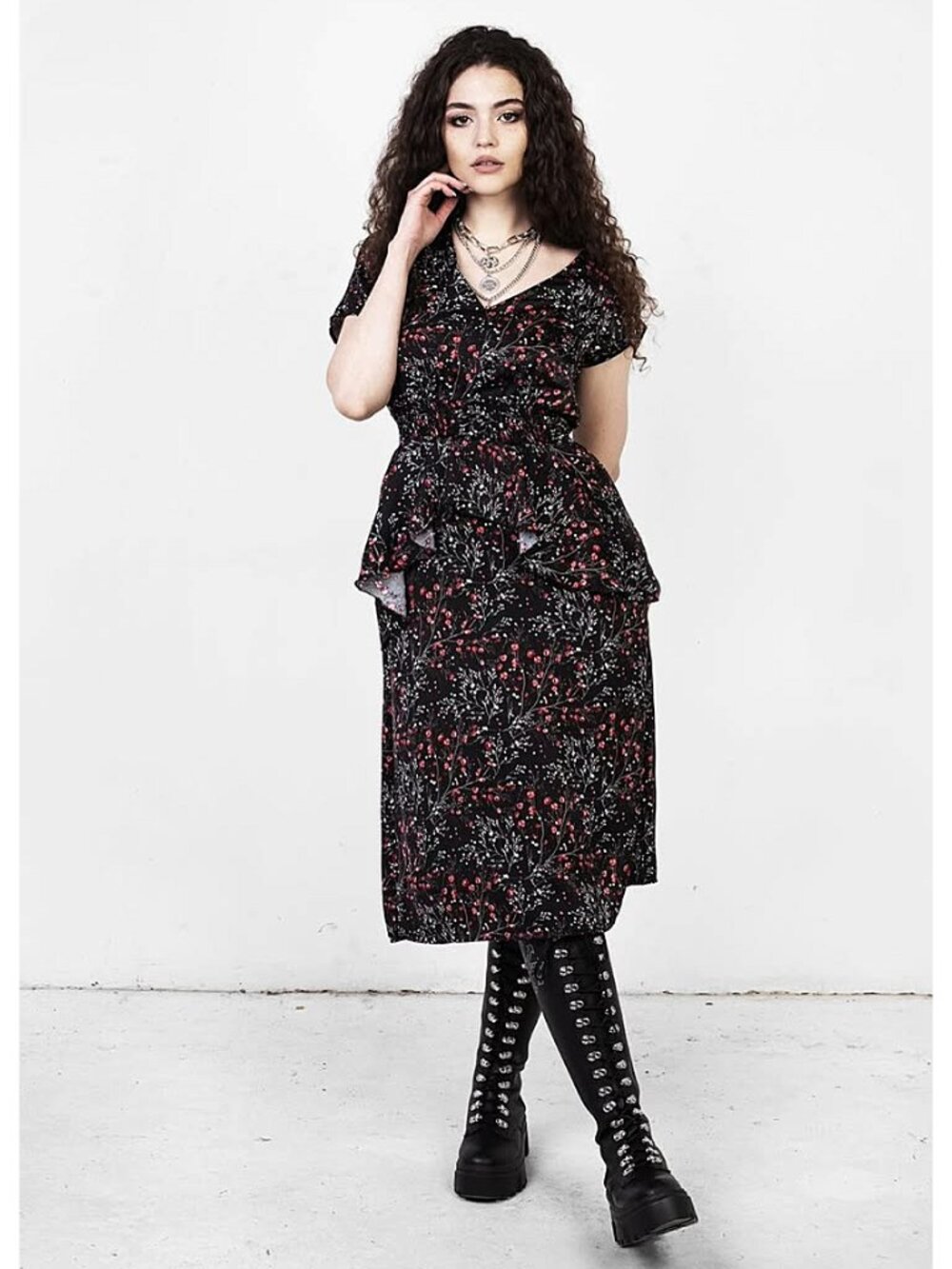 DISTURBIA Rosetears frill peplum abstract floral midi dress
